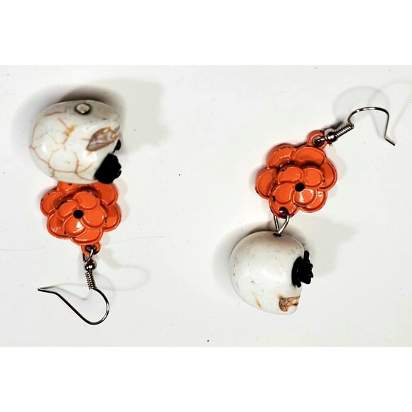 Gothic Dia De Los Muertos Skull Earrings Orange Marigold Floral Dangle Boho - Picture 6 of 8